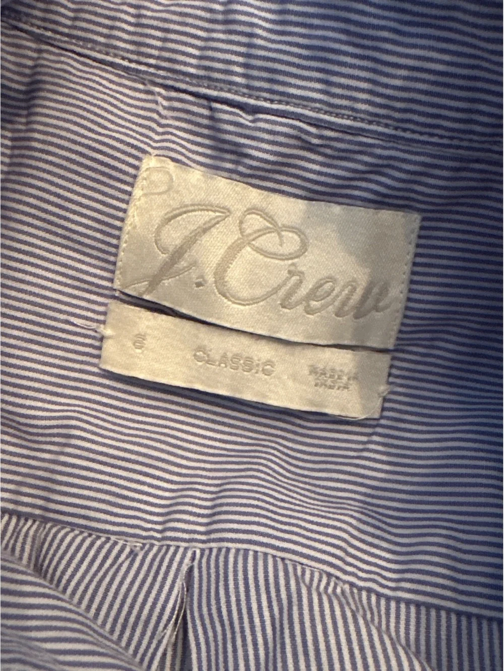 Classic prep J. Crew Blue and white pinstripe ruffle blouse 6